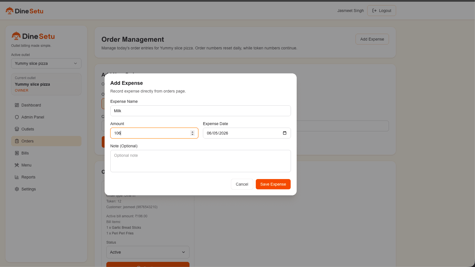 DineSetu expense entry screen for recording outlet expenses
