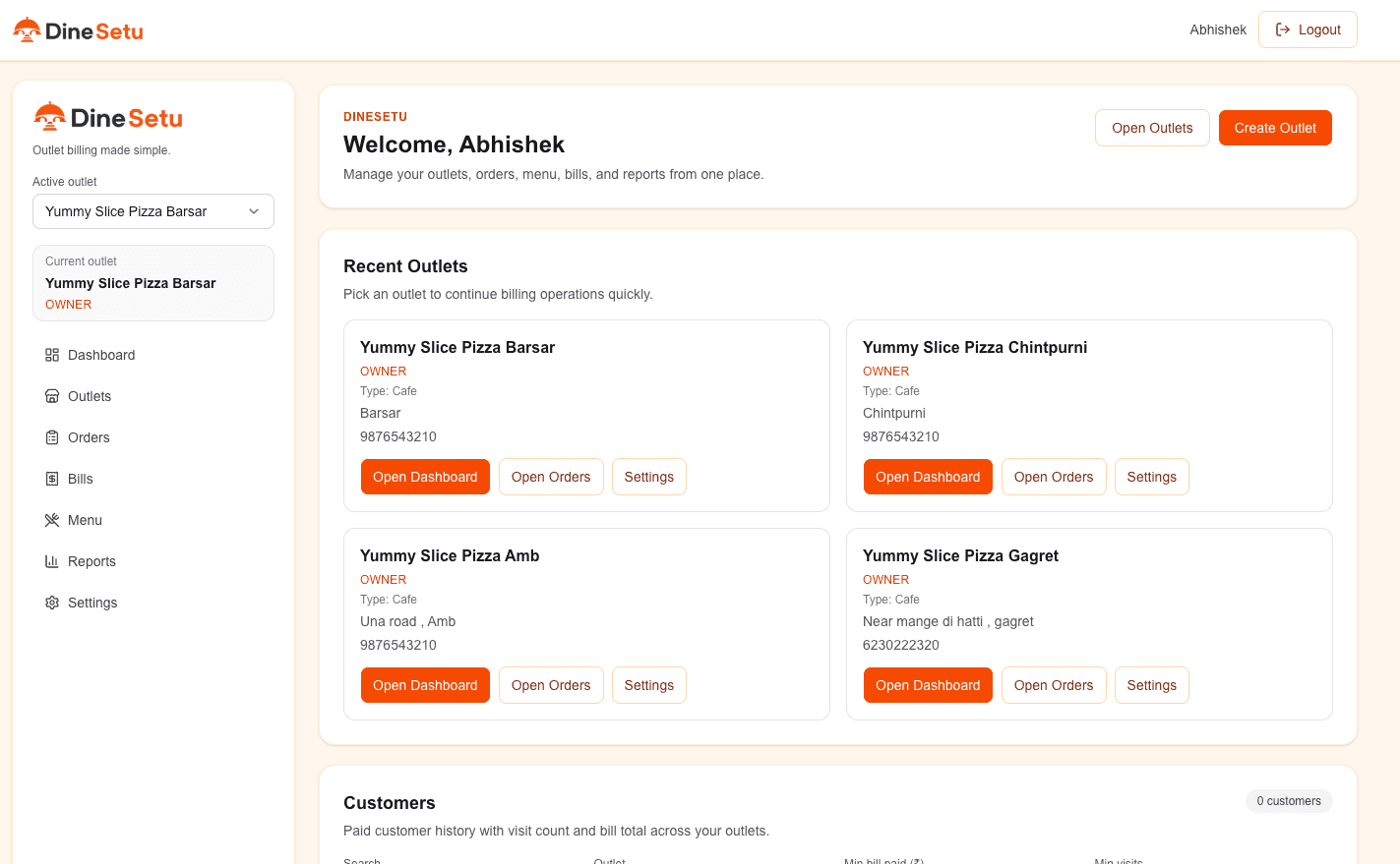 DineSetu dashboard showing outlet metrics, billing data, and operational modules