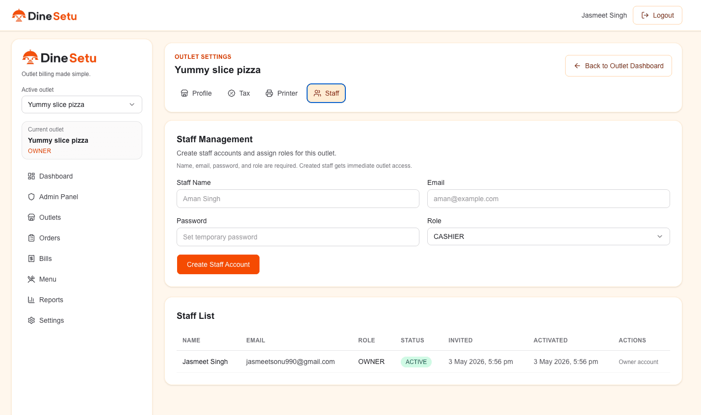 DineSetu staff management screen for editing staff and roles