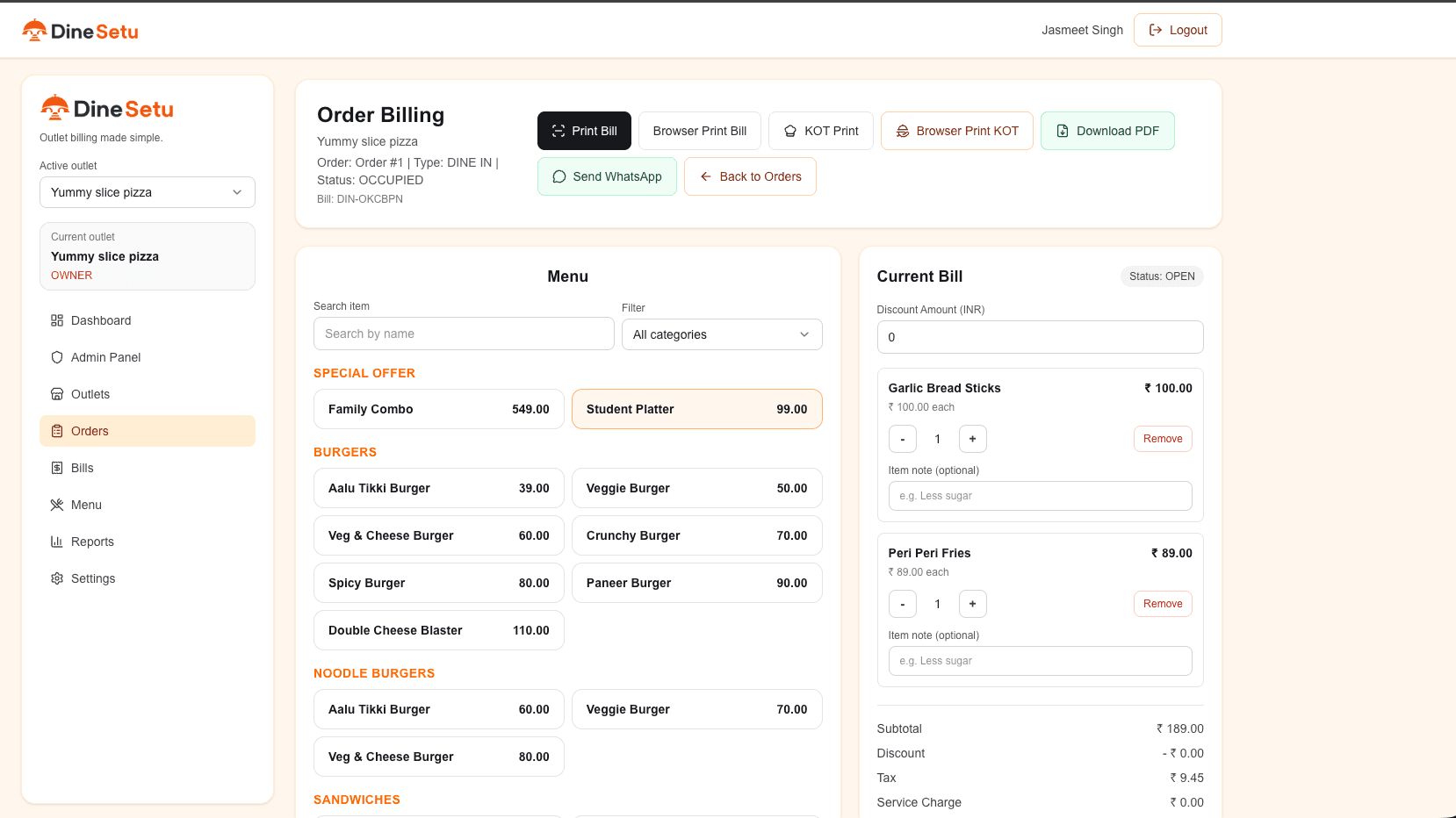DineSetu orders page showing live orders and fast order management