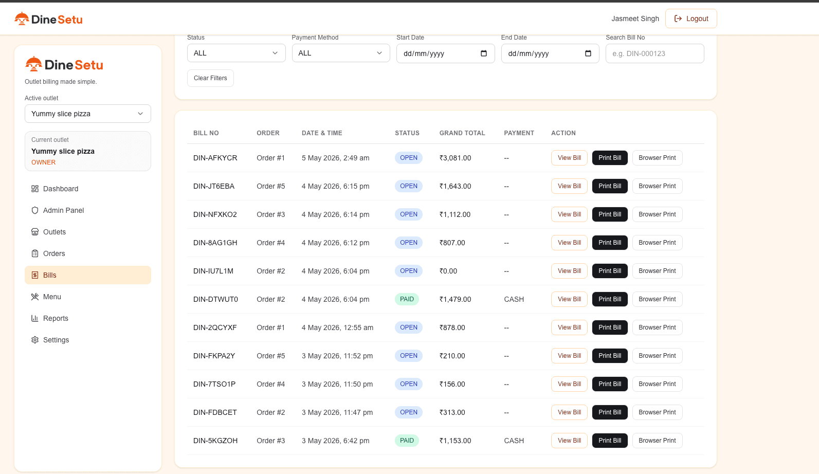 DineSetu bill management screen showing bill status and billing details